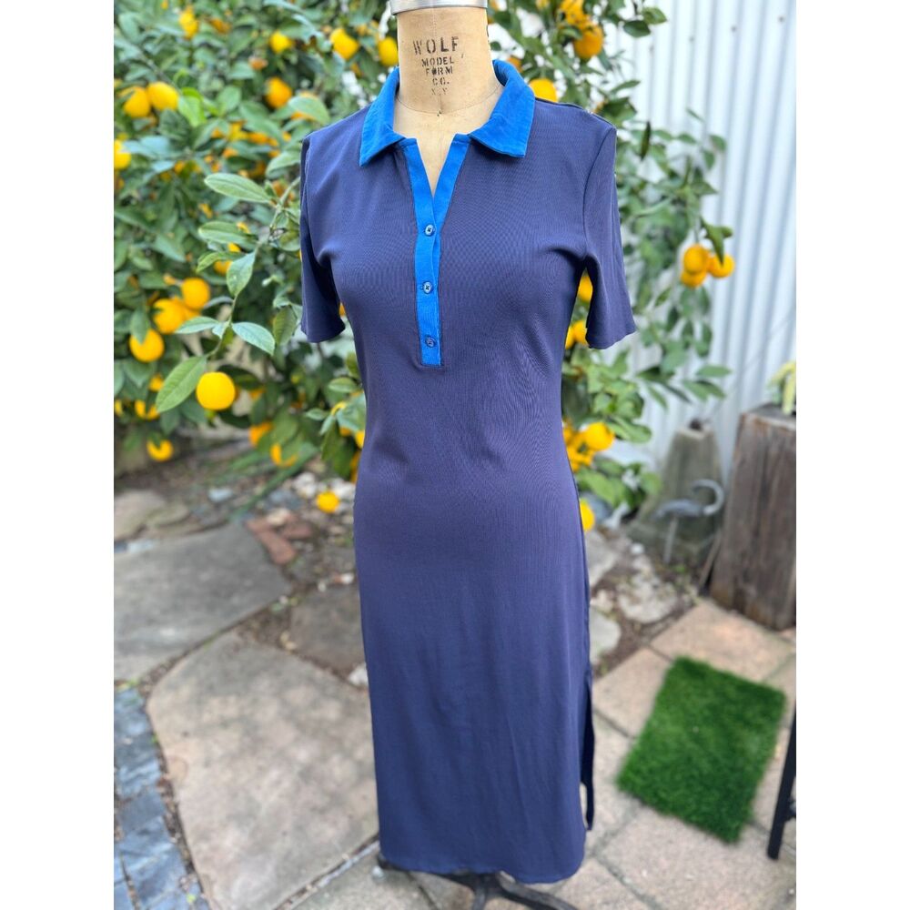 Johnnie-O Eva Royal Navy & Cobalt Blue SS Fitted Polo Midi Side Slit Dress SZ L